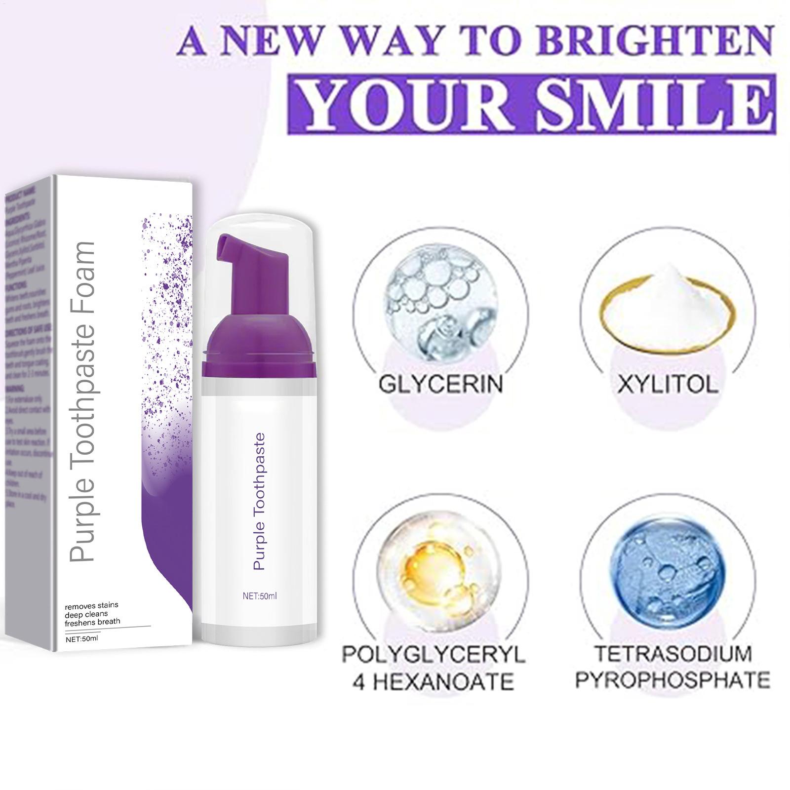 50 мл фиолетовой отбеливающей  – обзор и цена Teeth Whitening Foam Toothpaste